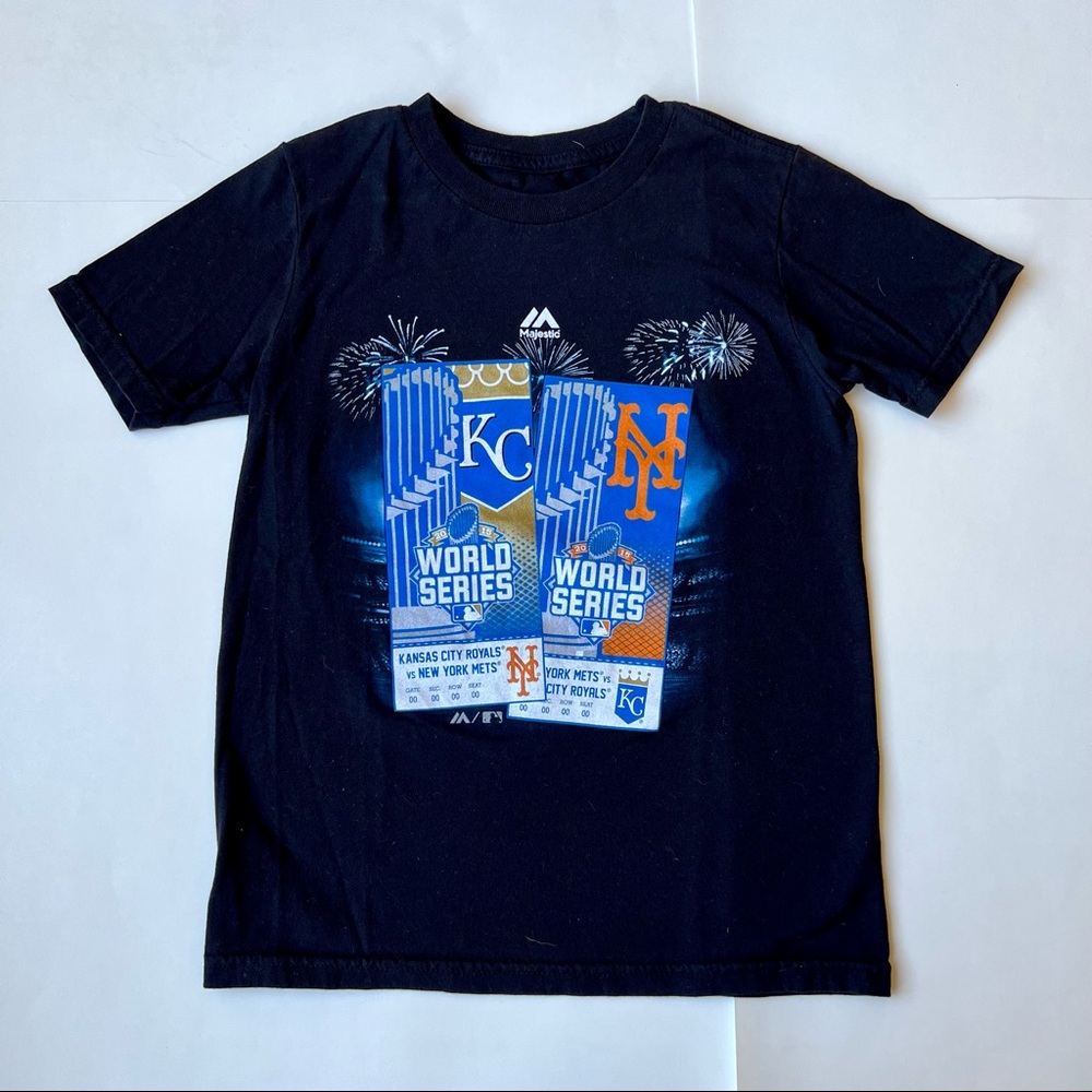 Majestic Kansas City Royals Baseball Small 8 Black World Series Tickets Shirt